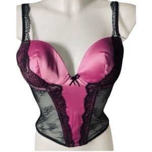 La Senza Pinkish Purple Satin w/ Black Lace Bustier Lingerie Size S NWT